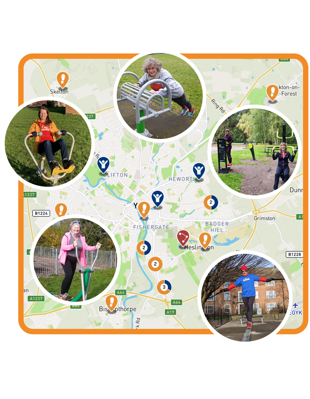 Graphic of Move Map in York area, highlighting outdoor gyms, trim trails and walks